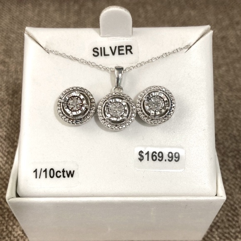 Genuine Diamond halo 1/10ctw sterling round earrings & pendant necklace set